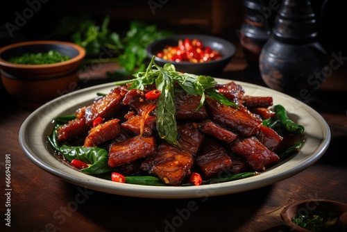 A plate of Pad Kra Pao Moo Grob with Nam Prik Ong, stir-fried holy basil with crispy pork belly and chili paste.