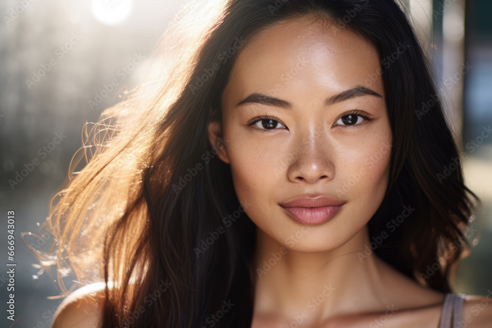 Portrait of a beautiful young asian woman with the sun on her face Portrait of a beautiful young asian woman with the sun on her face