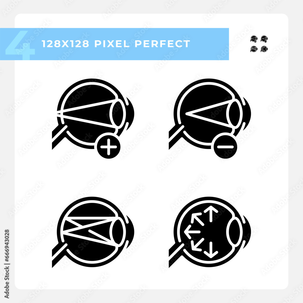 Pixel perfect simple icons set representing eye care, glyph style black illustration. Pixel perfect simple icons set representing eye care, glyph style black illustration.