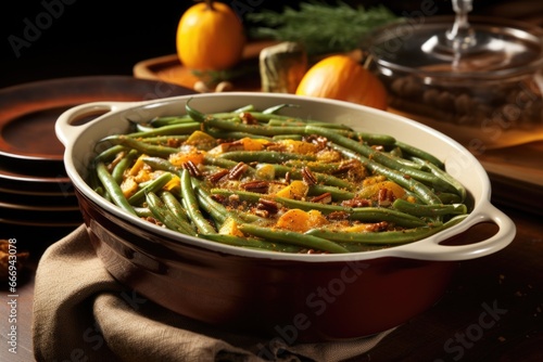green beans casserole in a ceramic serving dish photo