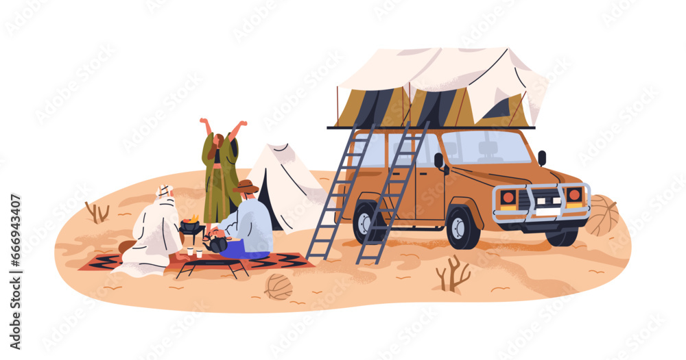 Tourists camping in sand desert. Campers on picnic with arab bedouin. People travel with tent on SUV car. Campsite in journey, expedition. Flat vector illustration isolated on white background