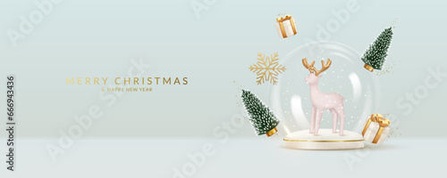 Christmas and New Year greeting card with transparent snow globe, trees, gifts and snowflakes.