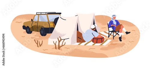 Desert camping. Tourists couple travel by car, relaxing in tents at campsite ...