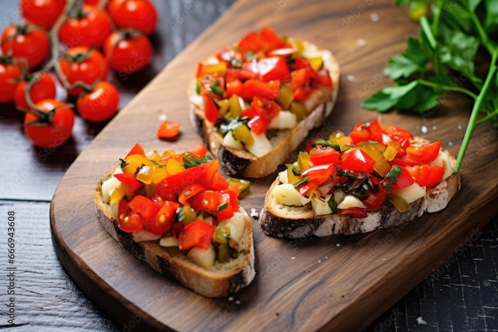vegan bruschetta with hearts of palm and fresh pepper topping vegan bruschetta with hearts of palm and fresh pepper topping