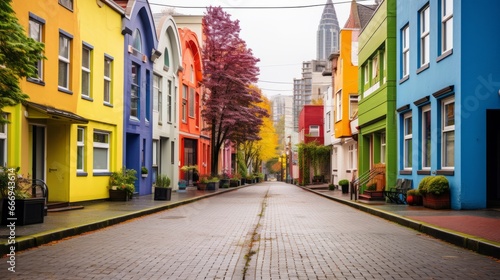 A city street with colorful urban architecture