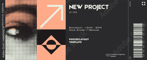 Modern exhibition ticket template layout made with abstract vector geometric shapes. Brutalism inspired graphics. Great for branding presentation, poster, cover, art, tickets, prints, etc.