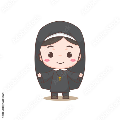 Cute nun cartoon character. Christian and catholic religion concept design. Profession illustration. Adorable chibi style vector