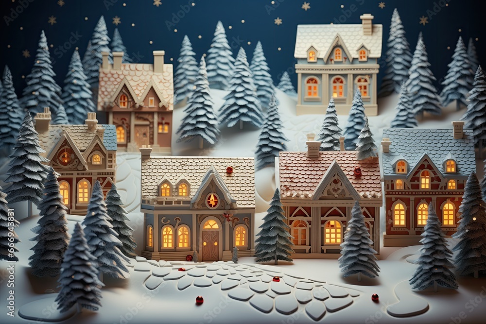 Christmas village with cute houses. Happy new year and merry christmas. Generative Ai Art. Winter forest.