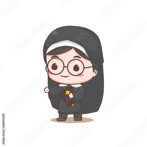 Cute nun cartoon character. Christian and catholic religion concept design. Profession illustration. Adorable chibi style vector