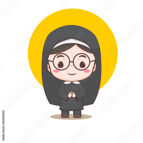 Cute nun cartoon character. Christian and catholic religion concept design. Profession illustration. Adorable chibi style vector