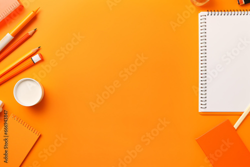 Back to school, school supplies orange background