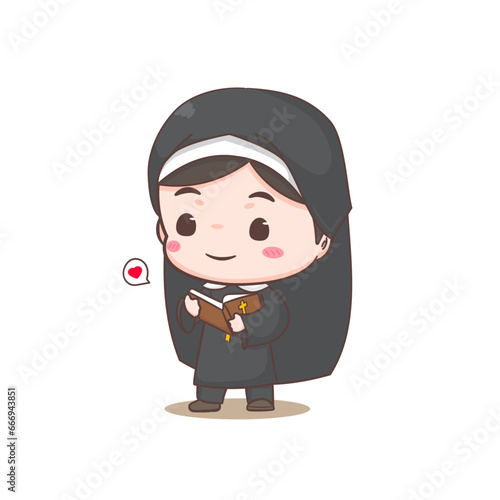 Cute nun teaching the bible book cartoon character. Christian and catholic religion concept design. Profession illustration. Adorable chibi style vector