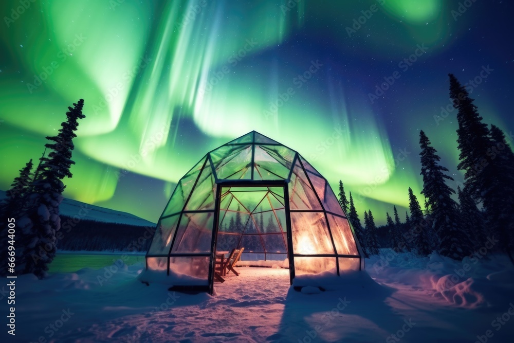 glass igloo under northern lights in a snowy landscape - obrazy, fototapety, plakaty 