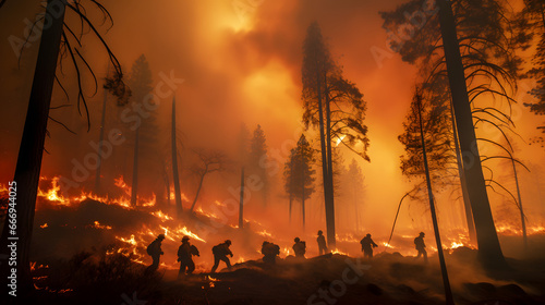 Firefighters battling a raging wildfire in a remote forest fighting the consequences of climate change and heat