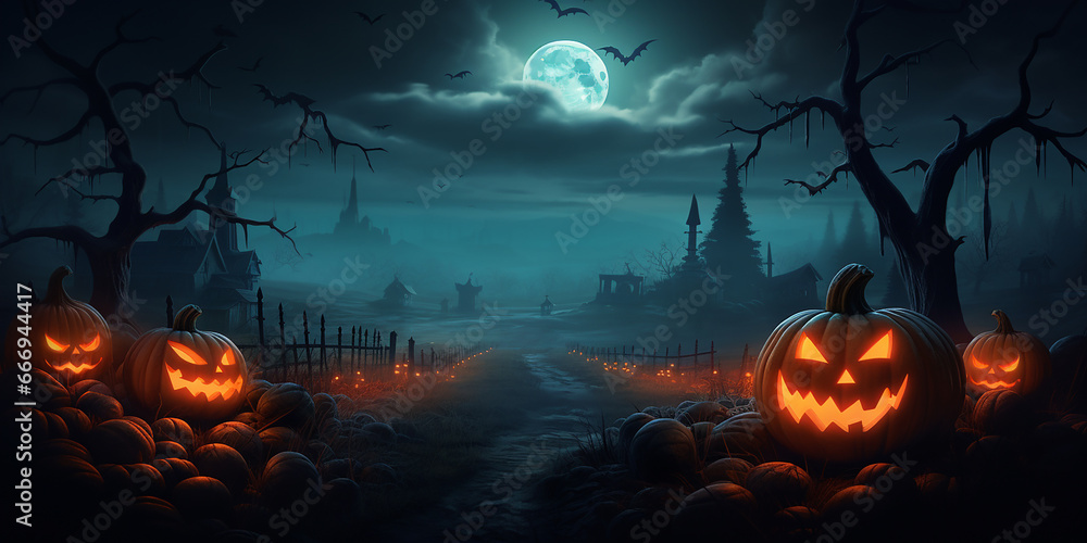 Create a banner background featuring a pumpkin patch in a misty, moonlit night.
