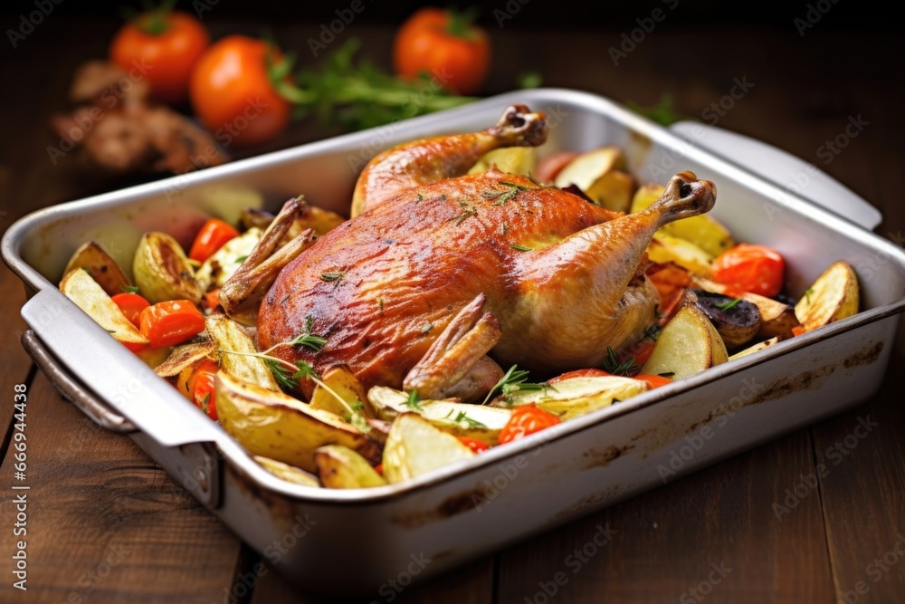 roast duck presented on bed of roasted vegetables roast duck presented on bed of roasted vegetables