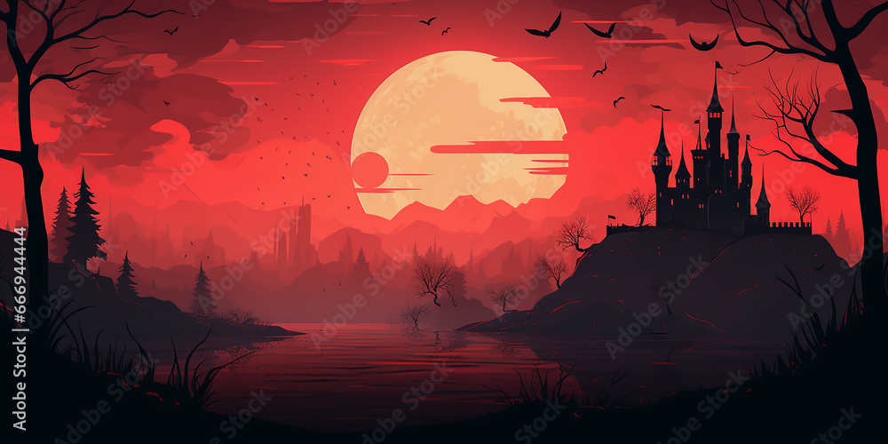 Create a banner with a stylized, minimalistic haunted castle against a blood-red sky.