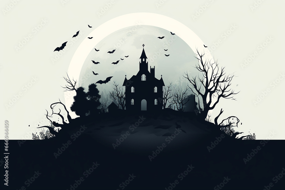 Create a Halloween holiday banner with a minimalistic haunted house in silhouette against a pale, eerie moon.