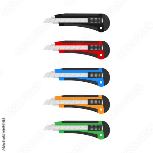 Knife stroitelny, clerical yellow, gray, red. For cutting paper, boxes, stationery logo design. Stationery knife isolated on white background vector design and illustration. photo