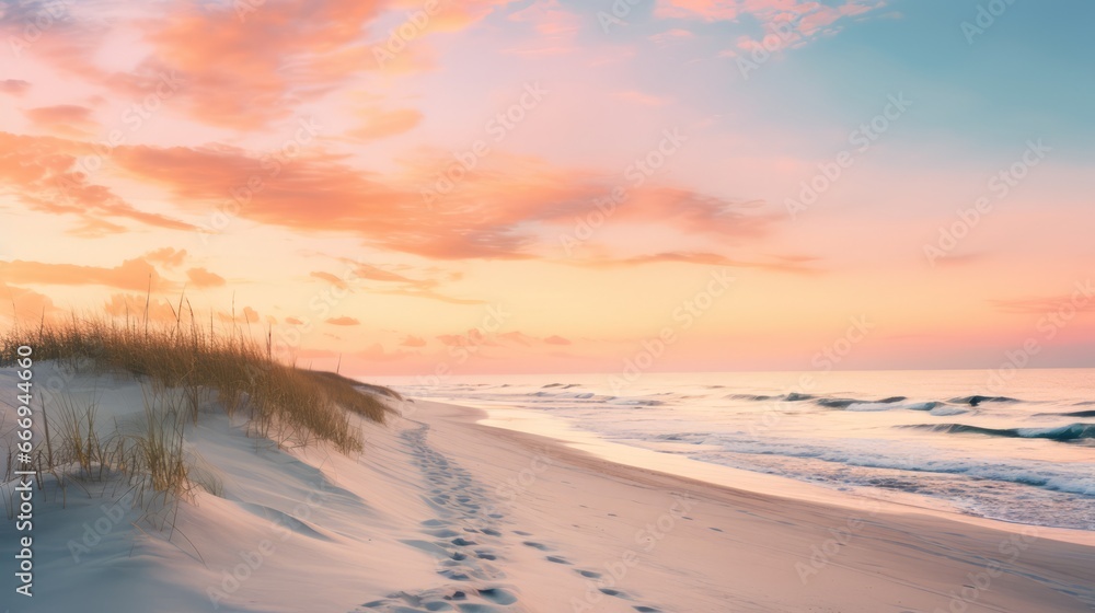 A beach at sunrise with pastel-colored skies