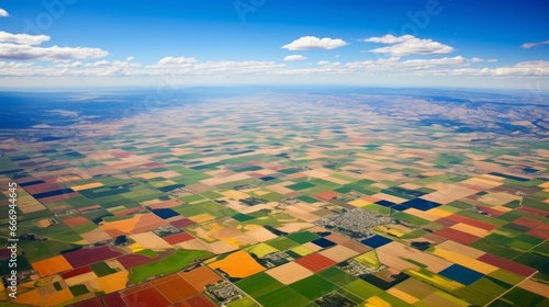 A bird's-eye view of a patchwork of farmlands