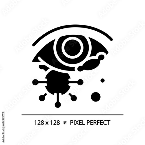 2D pixel perfect glyph style eye infection icon, isolated simple vector, silhouette illustration representing eye care.