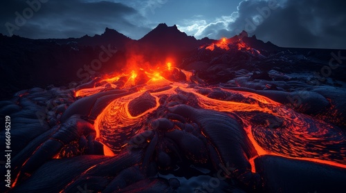 Glowing lava flows in a volcanic eruption at night