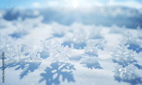 close up of snowflakes on snowy floor landscape background