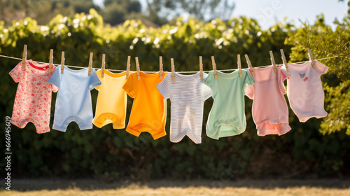 After being washed childrens colorful clothing dries