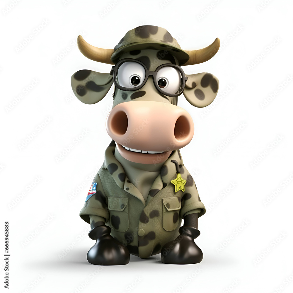 Cartoon cow dressed as an Army officer with glasses and hat Cartoon cow dressed as an Army officer with glasses and hat