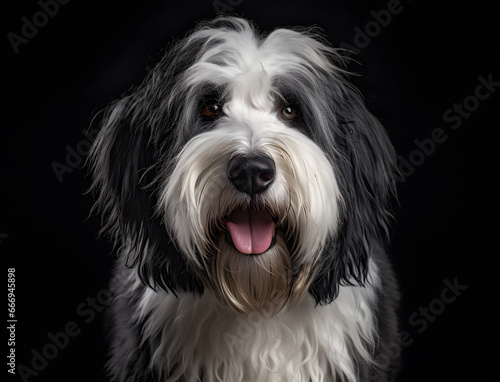 Portrait eines Old English Sheepdogs, Bobtails vor schwarzem Hintergrund, Hund, erstellt mit generativer KI photo