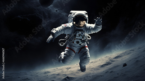 An astronaut in zero gravity floating near the surface