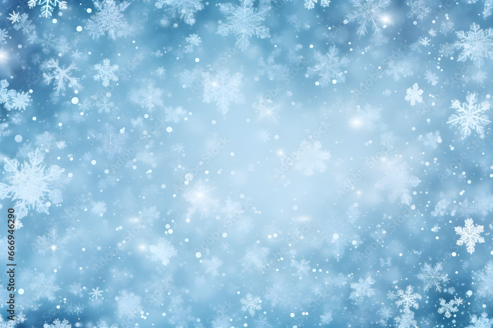 Winterlicher blauer Hintergrund mit Schneeflocken und Eiskristallen, erstellt mit generativer KI