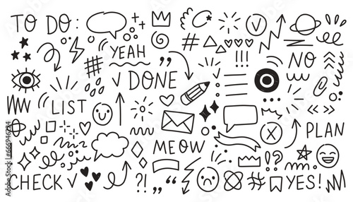 Doodle cute pen line elements set. Doodle heart, arrow, star, sparkle decoration symbol set icon. Simple sketch line