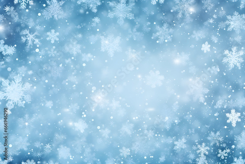 Winterlicher blauer Hintergrund mit Schneeflocken und Eiskristallen, erstellt mit generativer KI © rawku5