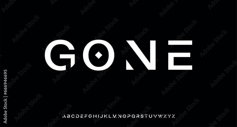 GONE Modern abstract digital alphabet font. Minimal technology typography, Creative urban sport fashion futuristic font and with numbers. vector illustration - obrazy, fototapety, plakaty 