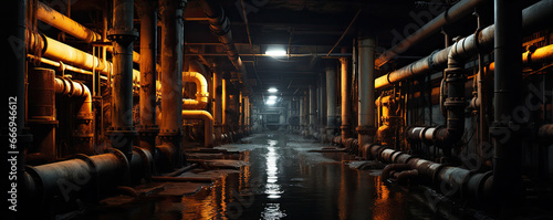 Underground sewer system pipes and dark water. photo