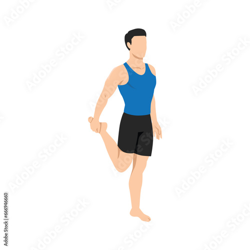 Man doing quadriceps stretch, cool down exercise. Balance pose, flexibility improvement. Flat vector illustration isolated on white background