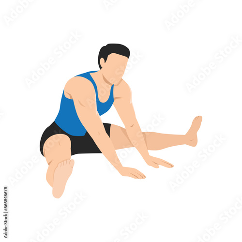 Man doing wide legged seated forward lean stretch exercise. Practice Agnistambhasana Leaning Forward. Flat vector illustration isolated on white background