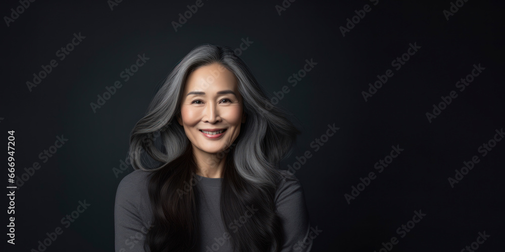 Beautiful aging mature asian woman with long gray hair and happy smiling. AI Generative Beautiful aging mature asian woman with long gray hair and happy smiling. AI Generative