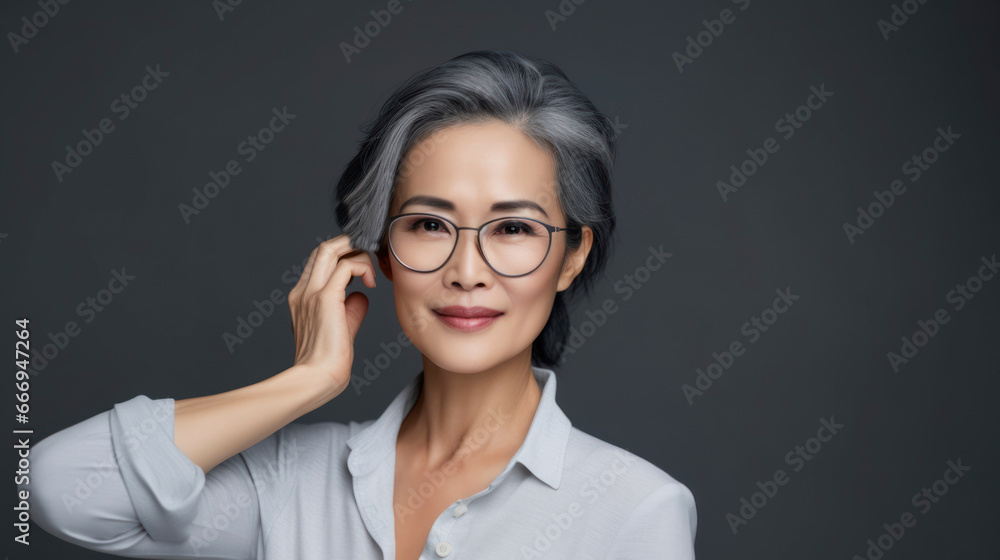 Beautiful aging mature asian woman with long gray hair and happy smiling. AI Generative Beautiful aging mature asian woman with long gray hair and happy smiling. AI Generative
