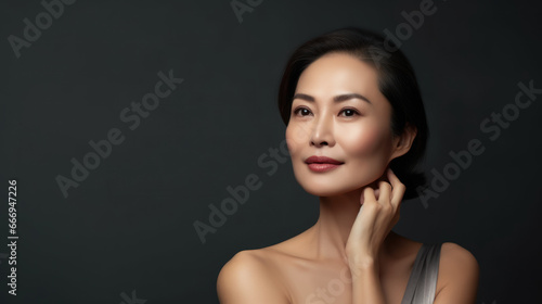 Beautiful aging mature asian woman with long gray hair and happy smiling. AI Generative