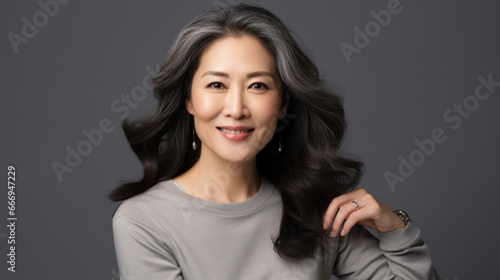 Beautiful aging mature asian woman with long gray hair and happy smiling. AI Generative