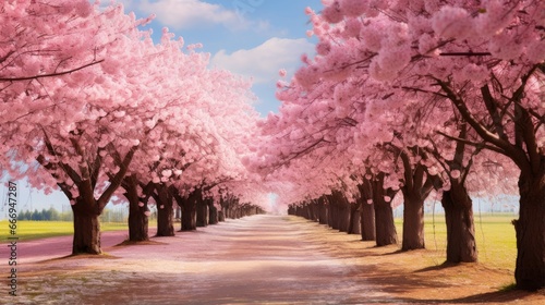 A vibrant field of cherry blossom trees © Cloudyew