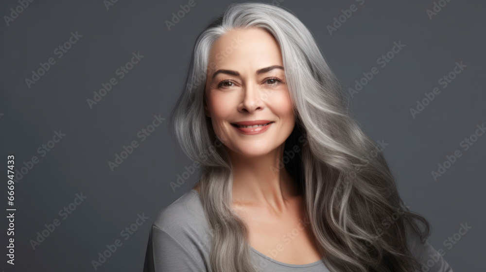 Beautiful smiling mature woman with short gray hair, on a light background. AI generation Beautiful smiling mature woman with short gray hair, on a light background. AI generation