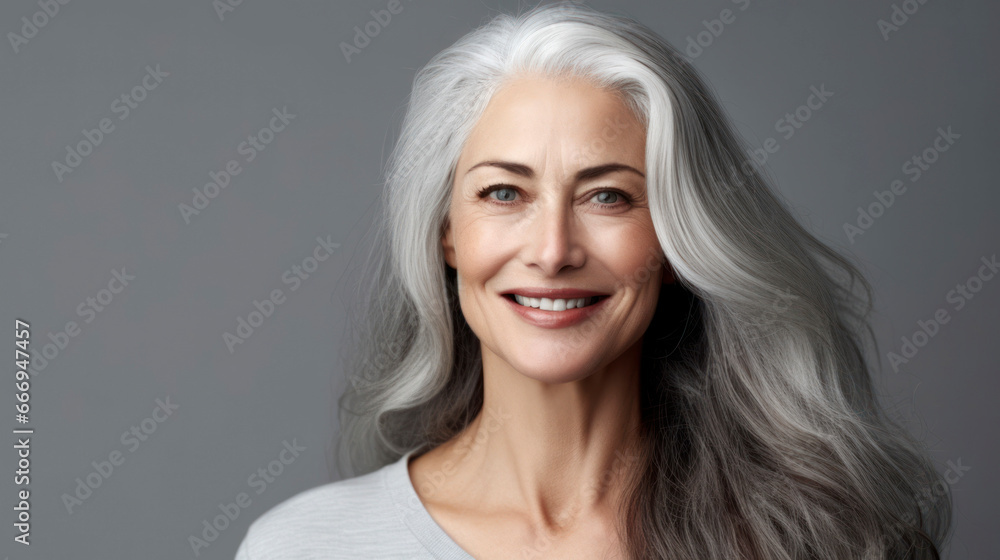 Fototapeta premium Beautiful smiling mature woman with short gray hair, on a light background. AI generation