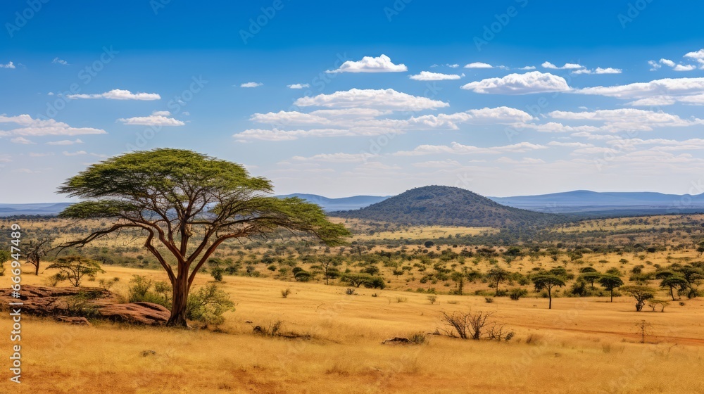 A vast, golden savanna with acacia trees on the horizon
