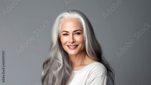 Beautiful smiling mature woman with short gray hair, on a light background. AI generation
