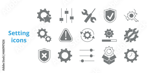 Settings, seput and updates Icons Set. Warning, slider, download, threat, defense, safe, tools, unzip, premium updates, shield vector illustration.