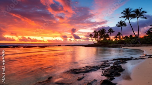 A tropical beach with colorful sunset hues